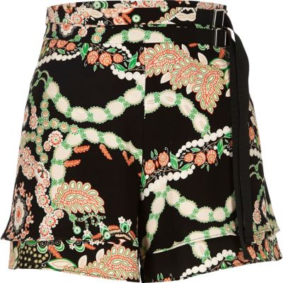 Black floral print high waisted belted shorts